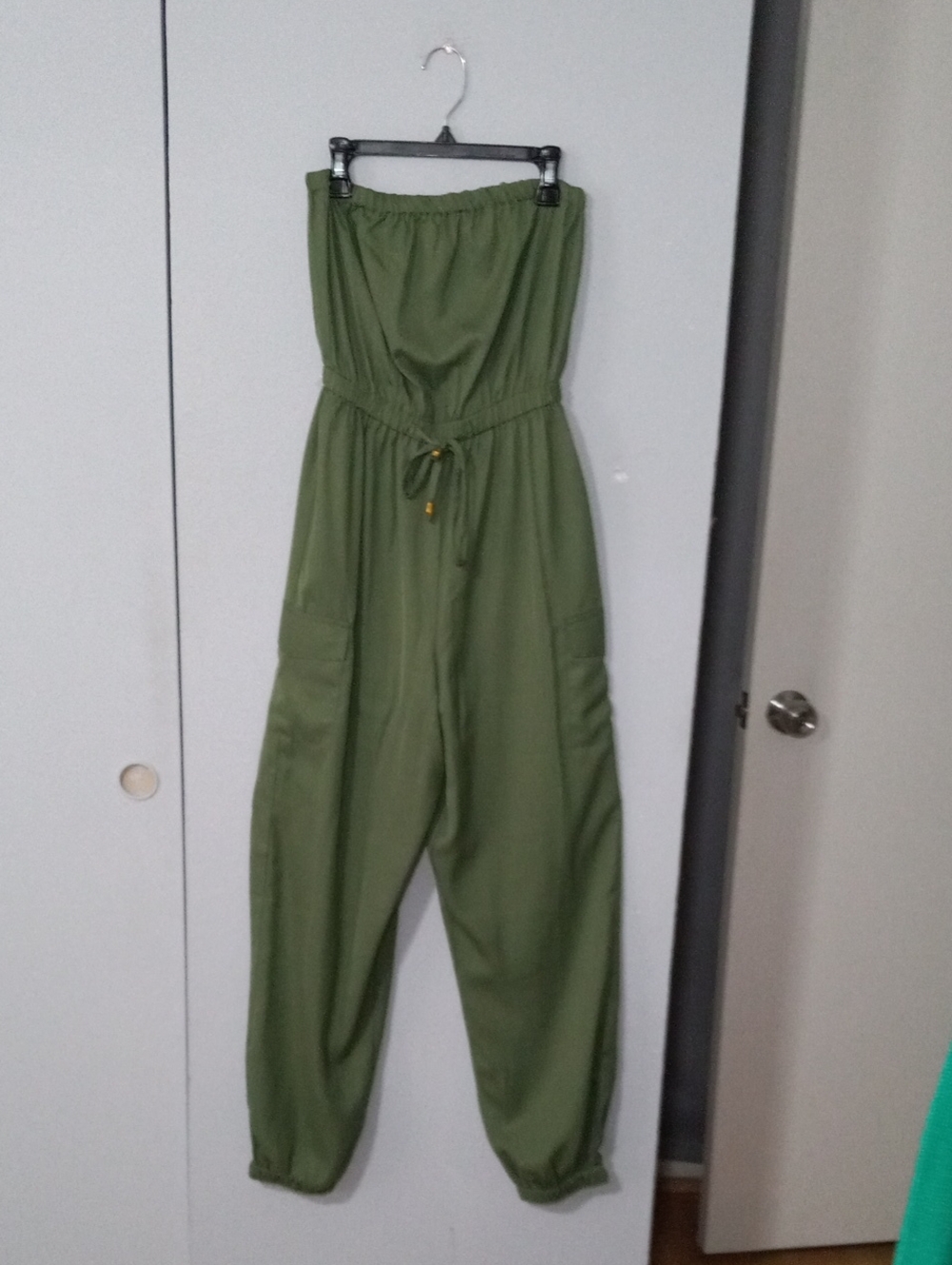 Charlotte Russe Olive Green Strapless Drawstring Jumpsuit